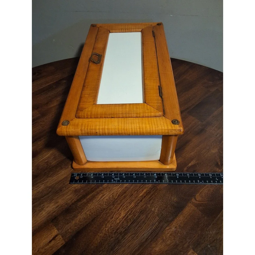 Vintage Germany Tiger Maple Wood and White Ceramic Bread Box Storage Container